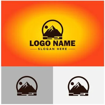 Mountain peak summit logo vector art Outdoor hiking adventure icon travel l.. Stock Illustration