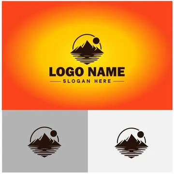 Mountain peak summit logo vector art Outdoor hiking adventure icon travel l.. Stock Illustration