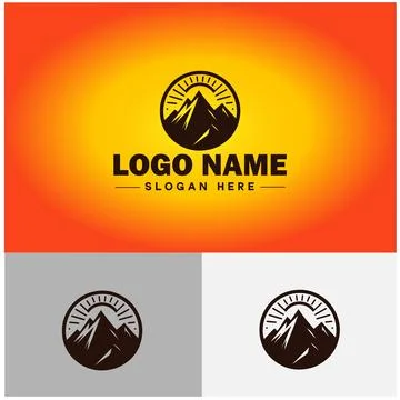 Mountain peak summit logo vector art Outdoor hiking adventure icon travel l.. Stock Illustration