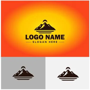 Mountain peak summit logo vector art Outdoor hiking adventure icon travel l.. Stock Illustration