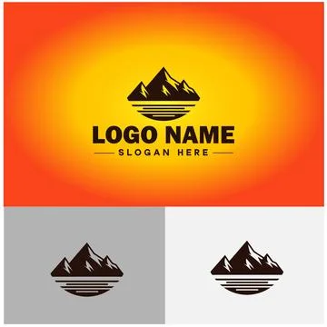Mountain peak summit logo vector art Outdoor hiking adventure icon travel l.. Stock Illustration