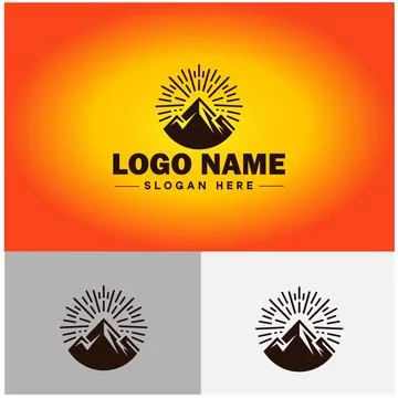 Mountain peak summit logo vector art Outdoor hiking adventure icon travel l.. Stock Illustration