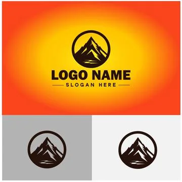 Mountain peak summit logo vector art Outdoor hiking adventure icon travel l.. Stock Illustration