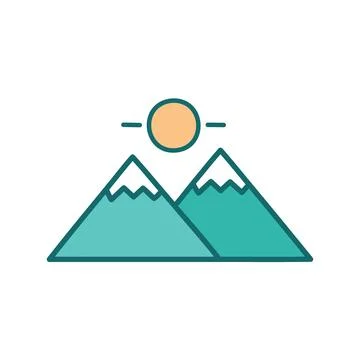 Mountain peak sunset. Simple line art illustration of two mountains with sn.. Stock Illustration