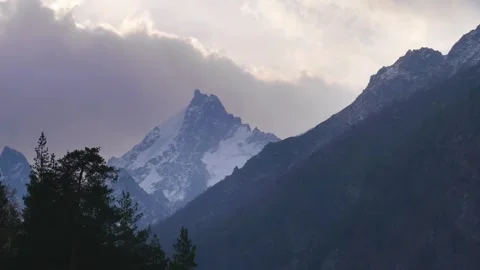 Mountain Peaks with Clouds and Pine Trees Stock Footage 320851905