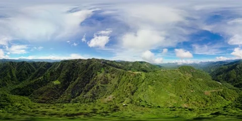 Mountain peaks covered with forest. Equirectangular panoramic. 8k Video. Video stock 204885659