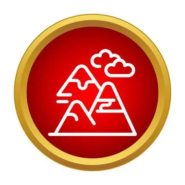 Mountain peaks icon with clouds in red circle Stock Illustration