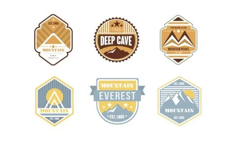 Mountain peaks logo design set, camping, hiking, expedition, deep cave retro Ilustración de archivo