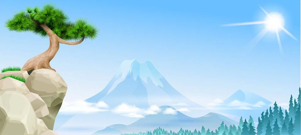 Mountain pine on a cliff landscape Stock Illustration