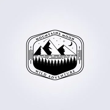 Mountain pine tree and lake logo vector illustration design, vintage logo, ba Stock Illustration