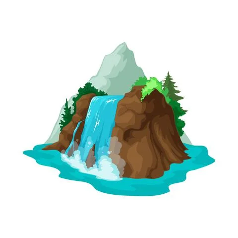 Mountain, pine tree, game asset. Cartoon waterfall Stock Illustration