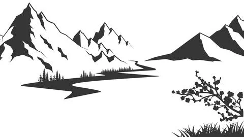 Mountain with pine trees and lake landscape black on white background Stock Illustration