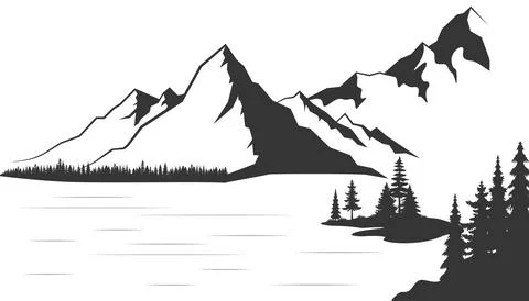 Mountain with pine trees and lake landscape black on white background. Hand Stock-Illustration