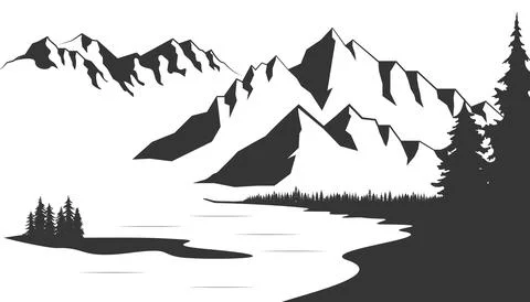 Mountain with pine trees and lake landscape. Slhouette illustration converted to Illustrazione stock