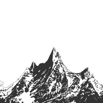 Mountain with pine trees and landscape black on white background. Hand drawn Stock Illustration