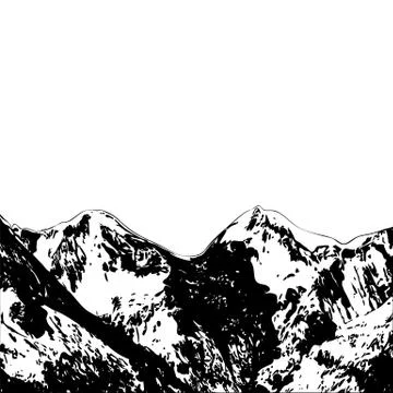 Mountain with pine trees and landscape black on white background. Hand drawn Stock Illustration