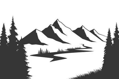 Mountain with pine trees and landscape black on white background. Vector Stockillustratie