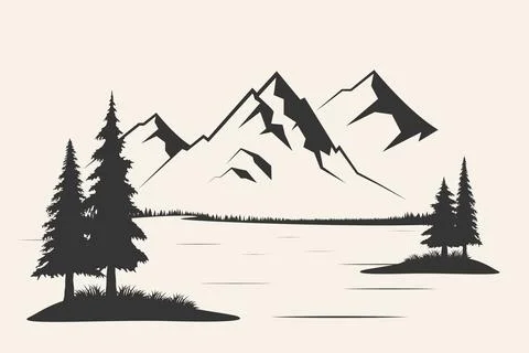 Mountain with pine trees and landscape black on white background. Vector Stockillustratie