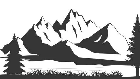 Mountain with pine trees and landscape black on white background. Vector Illustrazione stock