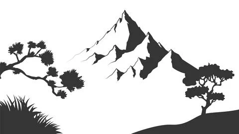 Mountain with pine trees and landscape black on white background. Vector Stock Illustration