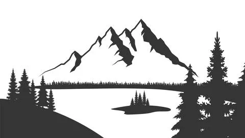 Mountain with pine trees and landscape black on white background. Vector Stock Illustration