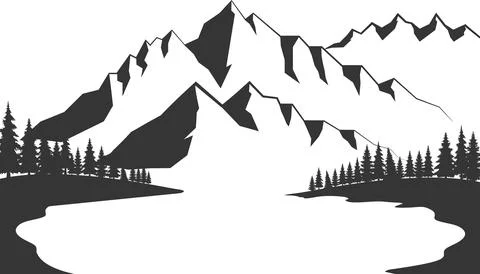 Mountain with pine trees and landscape black on white background. Hand drawn Stockillustratie