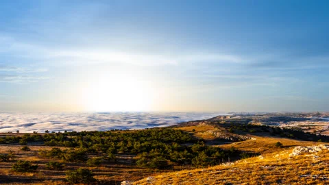Mountain plateau in a dense clouds at the sunset Stock Footage 150683072