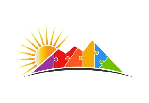 Mountain Puzzle with Sun Logo Vector Illustration Stock Illustration