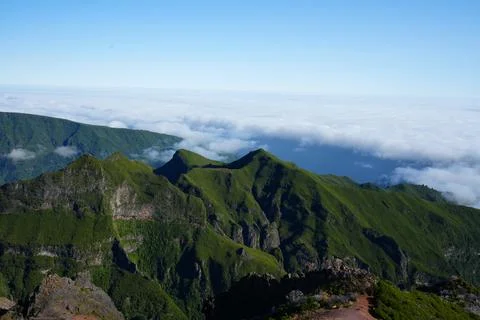 Mountain Range Above Clouds on PR1 Trail, Madeira Stock-Fotos