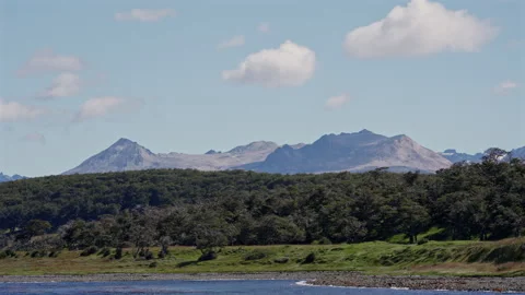 Mountain Range Above Forest Coast in Tierra del Fuego 스톡 동영상 331940579