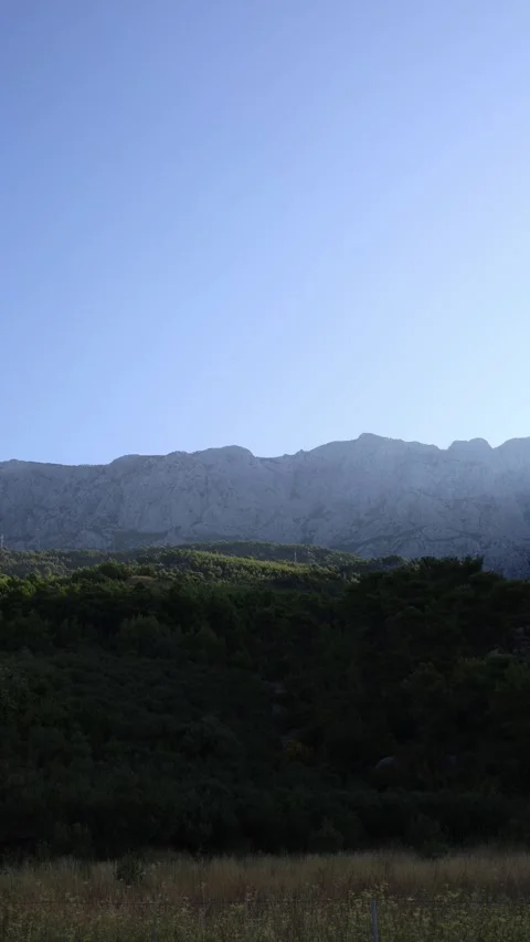 Mountain range above lush forest under blue sky Stock Footage 341319438