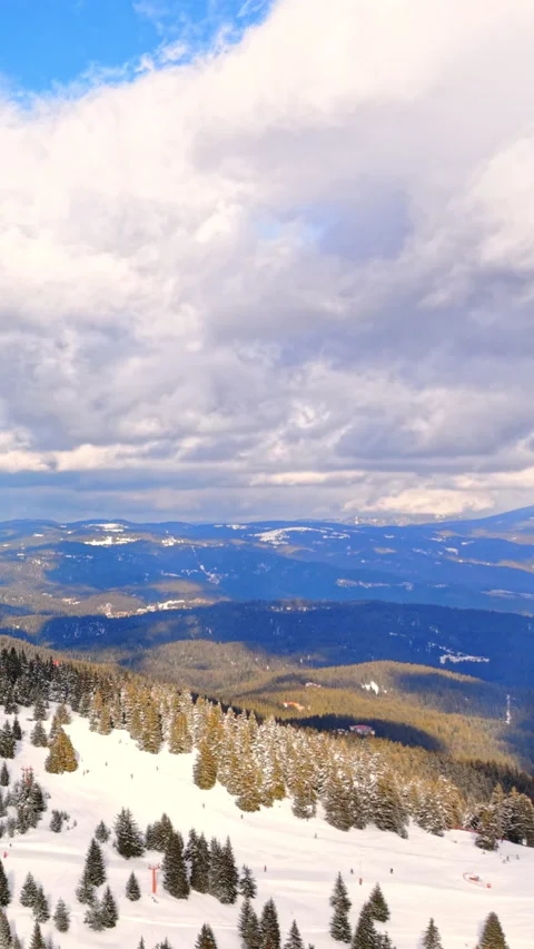 Mountain range and cloudy sky, Pamporovo, Bulgaria Vertical video. Stock Footage 347396582