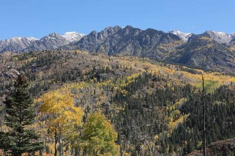 Mountain range and fall colors near Purgatory Ski resort in southern Colorado Stock Photos