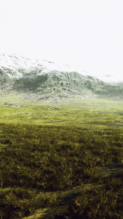 Mountain range and grassland landscape with snow on peaks and green fields Vídeo Stock 342454827