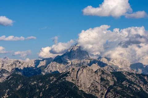 Mountain Range and the Peak of the Mount Mangart - Italy Slovenia Border Stock Photos