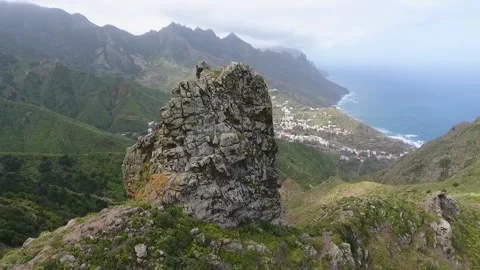 Mountain range and rock formations of Anaga on the shore of a volcanic island Stock Footage 219287936