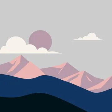 A mountain range with a blue sky and a pink moon Stock Illustration