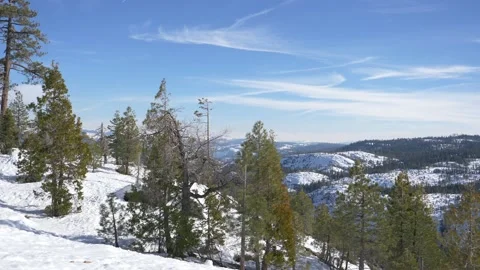 Mountain Range Blue Sky Clouds Tree Valley Forest Leaves Snow Winter White Video stock 155702440