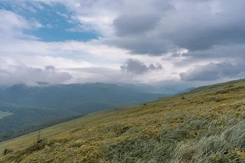 Mountain range in clouds in Bieszczady, Poland. Stock-Fotos