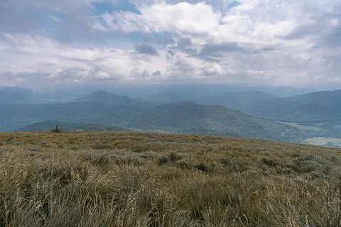 Mountain range in clouds in Bieszczady, Poland. Stock Photos