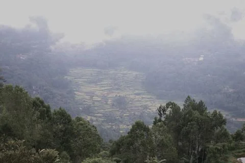 A mountain range with a cloudy sky and a field of green grass Stock Photos