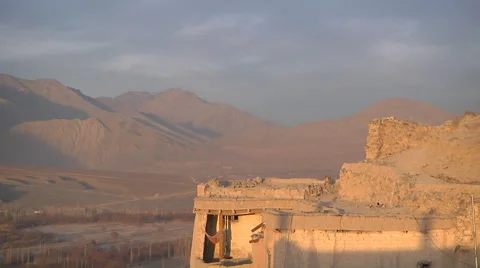 Mountain range with detail of old building at foreground Stock Footage 45475625
