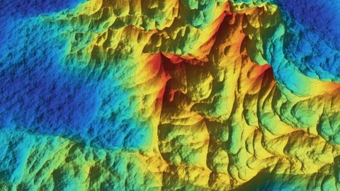 Mountain Range Digital Elevation Model Spectral Hypsometric Tint Contour Lines Vídeo Stock 343382053