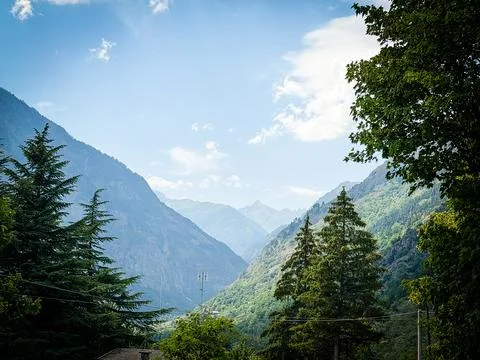 The mountain range that dominates the Maira Valley in Chiappera, in souther.. Stock Photos