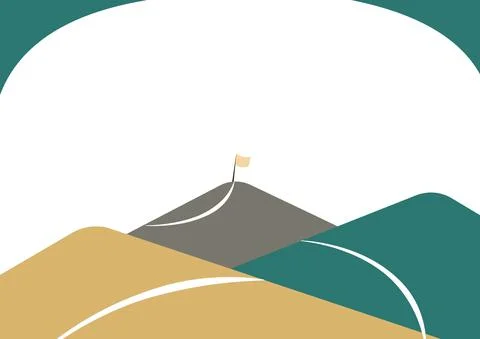 Mountain Range Drawing With Road Leading To Raised Flag At The Top. Different Stock Illustration