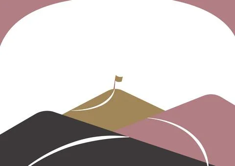 Mountain Range Drawing With Road Leading To Raised Flag At The Top. Different Stock Illustration