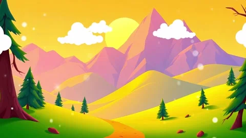 Mountain Range Evening: An Animated mountain range and green hill landscape dur Stock Footage 308846345