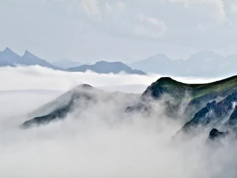 Mountain range in fog 스톡 사진