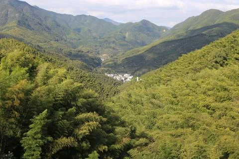 A mountain range with a forest in the background Stock Photos