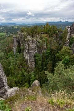 A mountain range with a forest on top Stock Photos